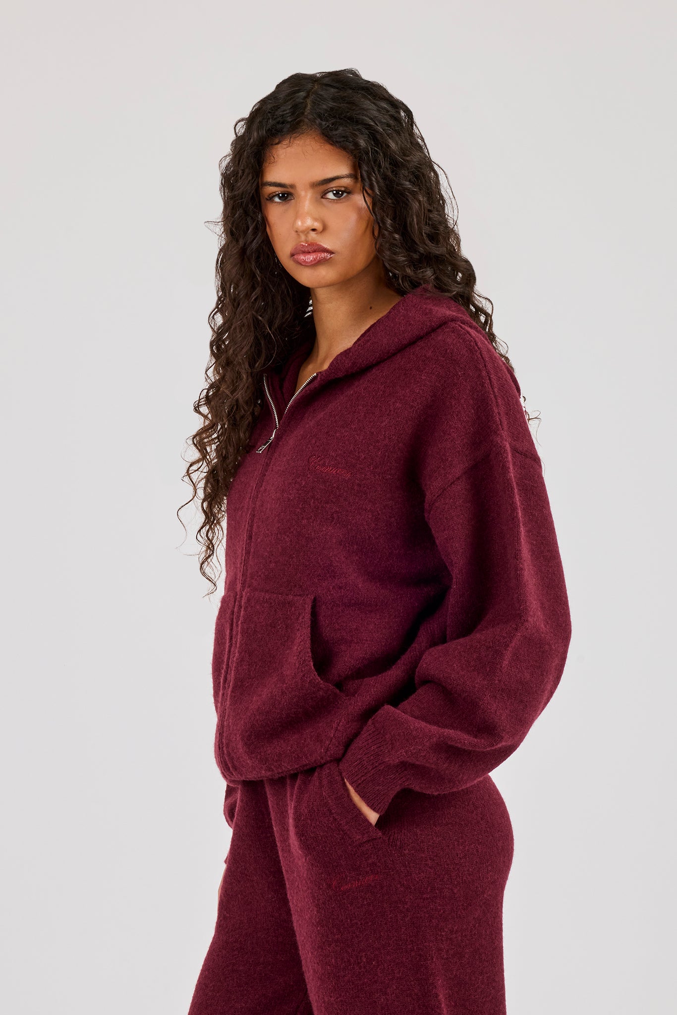 Knitted Stitch Back Detail Zip Through Hoodie - Burgundy